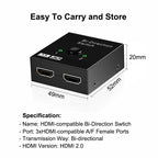 4K HDMI-Compatible Switch 2 Ports Bi-directional 1x2 / 2x1 HDMI-Compatible Switcher Splitter Supports Ultra HD 4K 1080P 3D HDR
