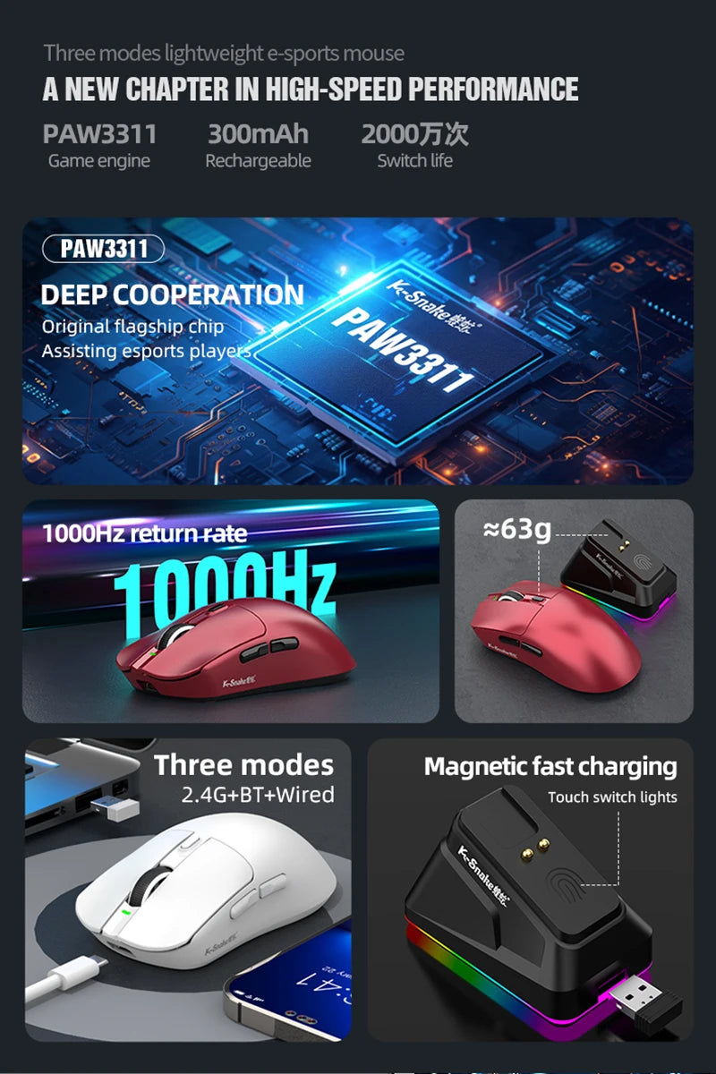 Lightweight Esports Gaming Mouse With Three-mode Wireless Bluetooth Charging And Rgb Luminous Base For Long-lasting Battery Life