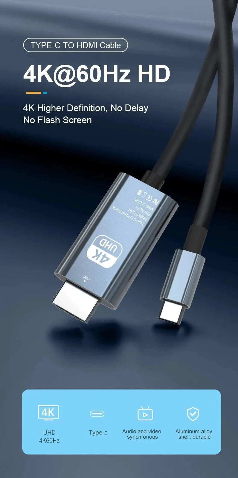 4K 60Hz HD Video Conversion Cable Typec To Hdmi Same Screen Cable TV Computer 2 Meters Braided Screen Projection Cable