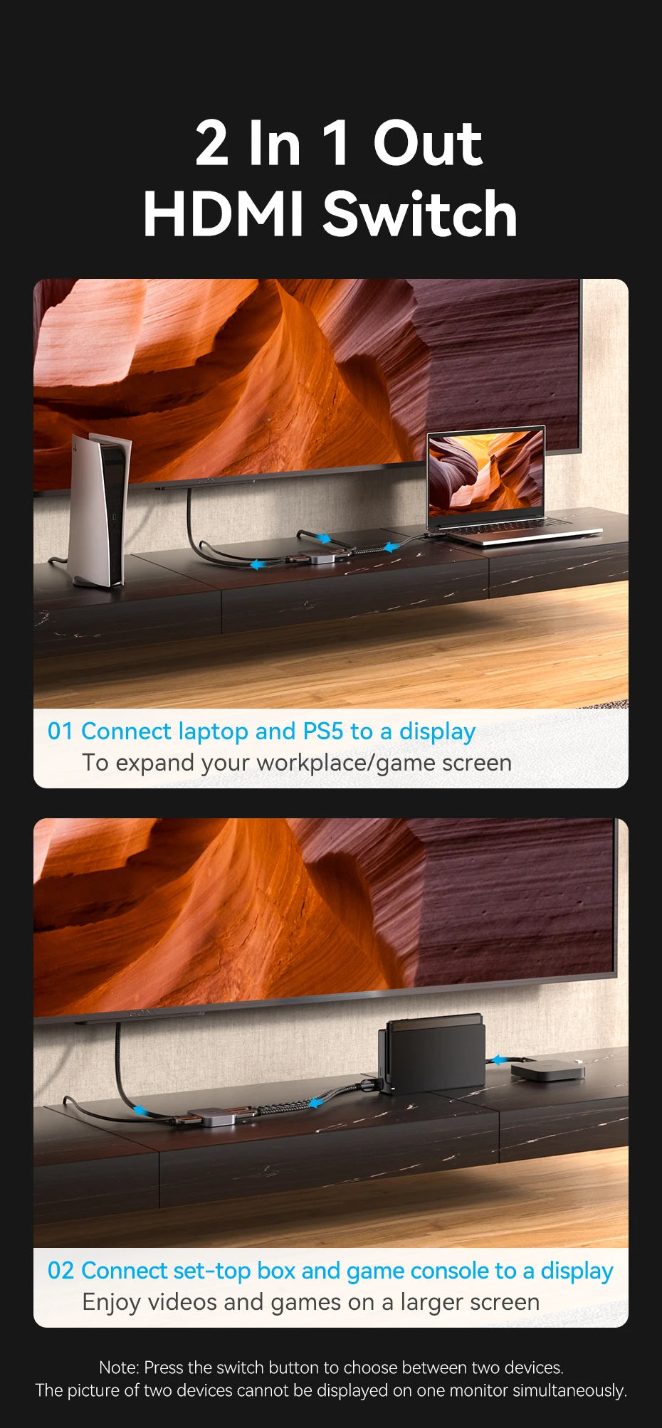 Vention HDMI 2.1 Splitter 8K 60Hz 4K120Hz Bi-Direction 2 in 1 out for TV Xiaomi Xbox PS4 5 HDMI-compatible Monitor HDMI Switcher