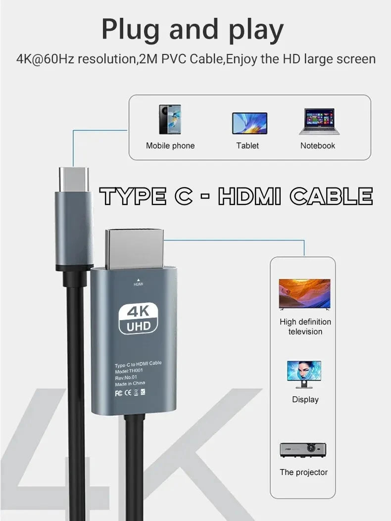 4K 60Hz HD Video Conversion Cable Typec To Hdmi Same Screen Cable TV Computer 2 Meters Braided Screen Projection Cable