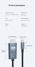 4K 60Hz HD Video Conversion Cable Typec To Hdmi Same Screen Cable TV Computer 2 Meters Braided Screen Projection Cable