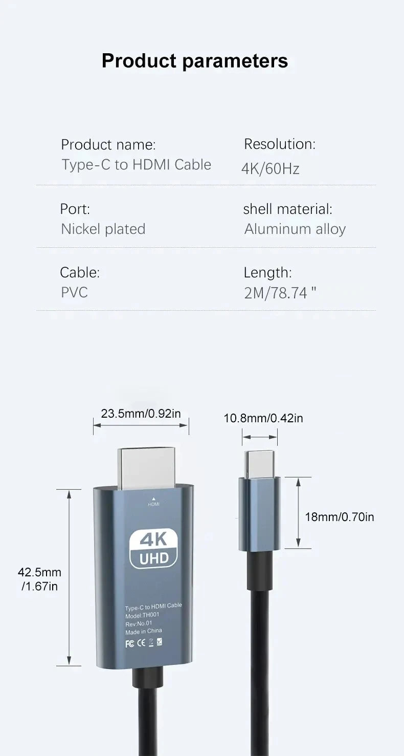 4K 60Hz HD Video Conversion Cable Typec To Hdmi Same Screen Cable TV Computer 2 Meters Braided Screen Projection Cable