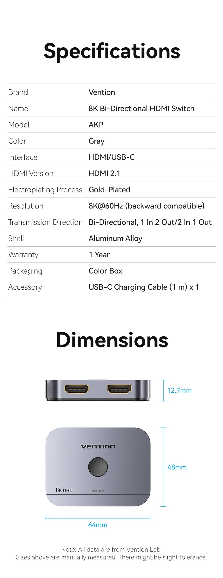 Vention HDMI 2.1 Splitter 8K 60Hz 4K120Hz Bi-Direction 2 in 1 out for TV Xiaomi Xbox PS4 5 HDMI-compatible Monitor HDMI Switcher