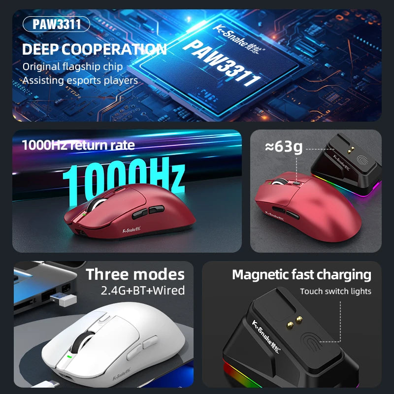 Lightweight Esports Gaming Mouse With Three-mode Wireless Bluetooth Charging And Rgb Luminous Base For Long-lasting Battery Life